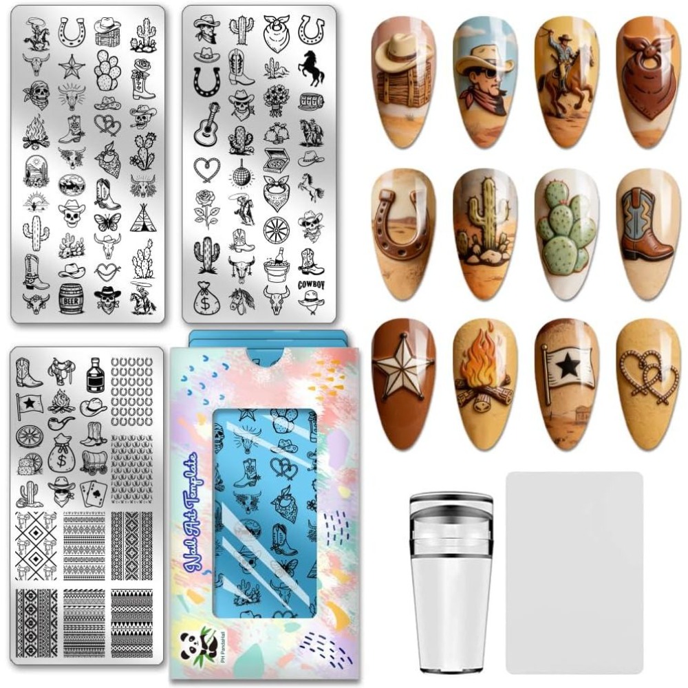 Nail Stamping Plate - 3pcs Western Cowboy Nail Stamping Plates