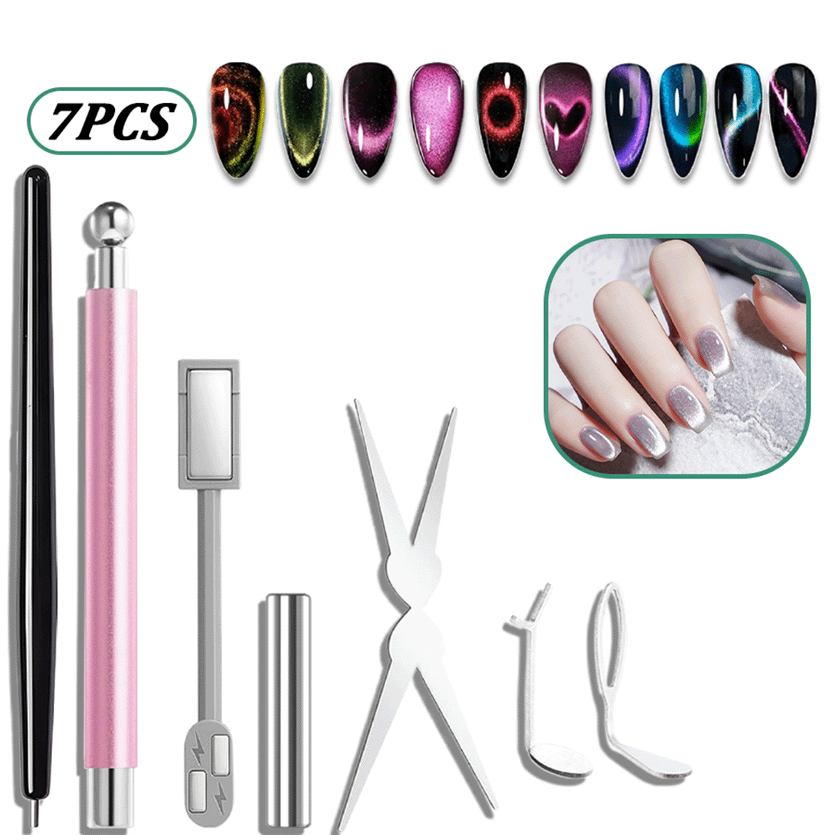 Nail Gel Polish Set - 7pcs Cat Eye Nail Magnet Set,